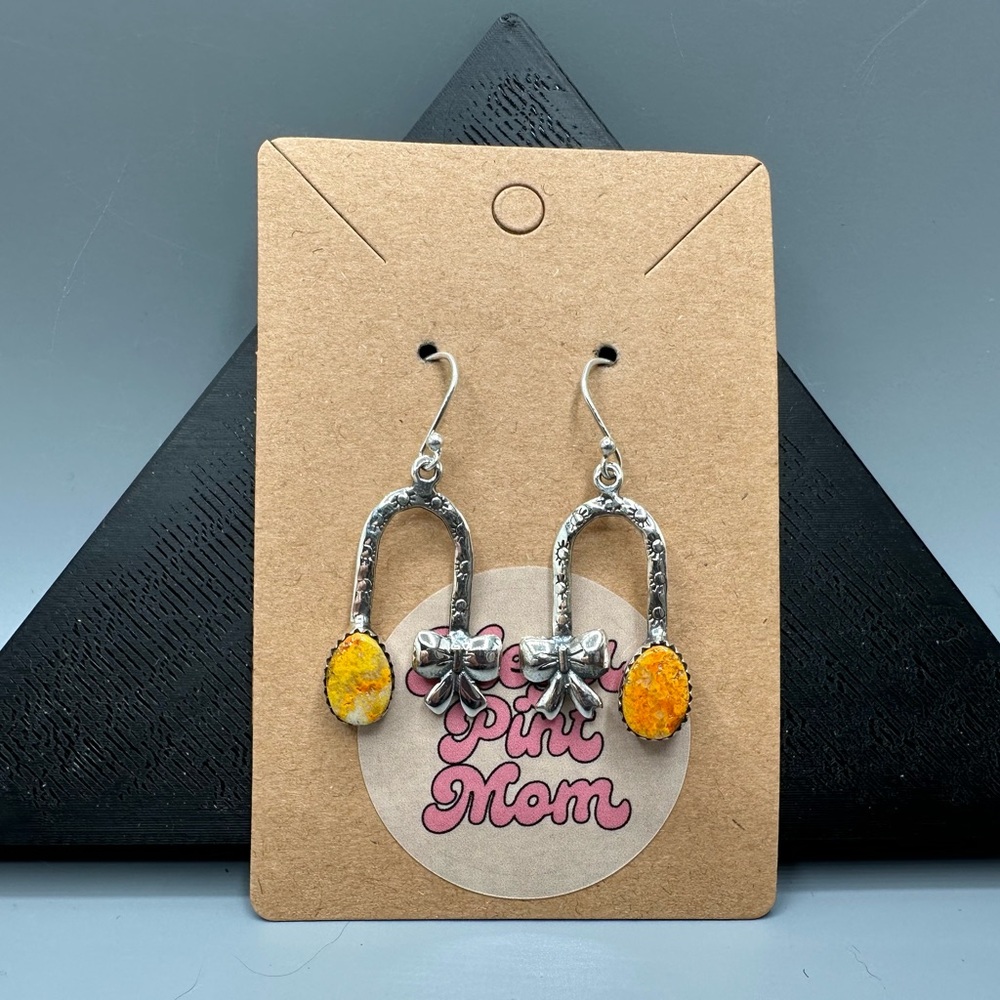 🎀 Sterling Silver 925 Bumblebee Jasper Bow Dangle Fish Hook Earrings Handmade